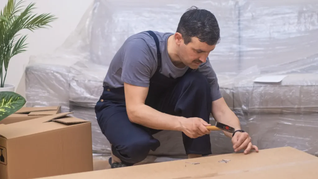 A man working on a wooden furniture for the house which is safe and minimal furniture