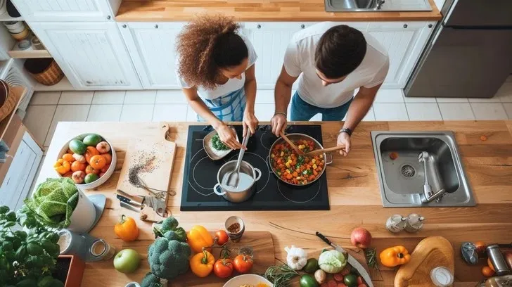 A couple cooking together with fresh vegetables around the kitchen counter