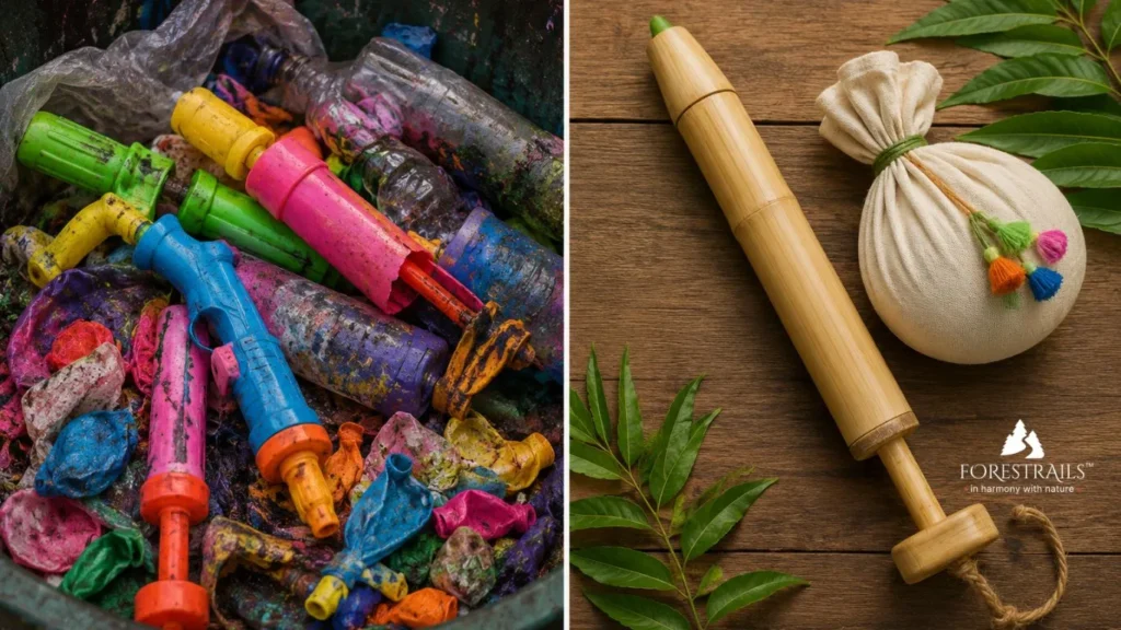 Plastic Holi waste versus sustainable bamboo pichkari and cloth water bombs