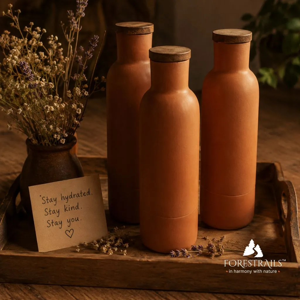 sustainable Valentine's Day table setup with clay water bottle and zero-waste decor