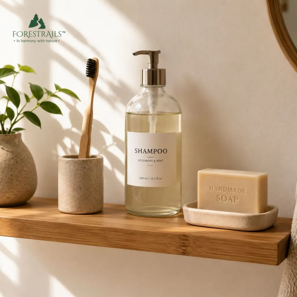 plastic free bathroom shelf with bamboo, glass, and bar products